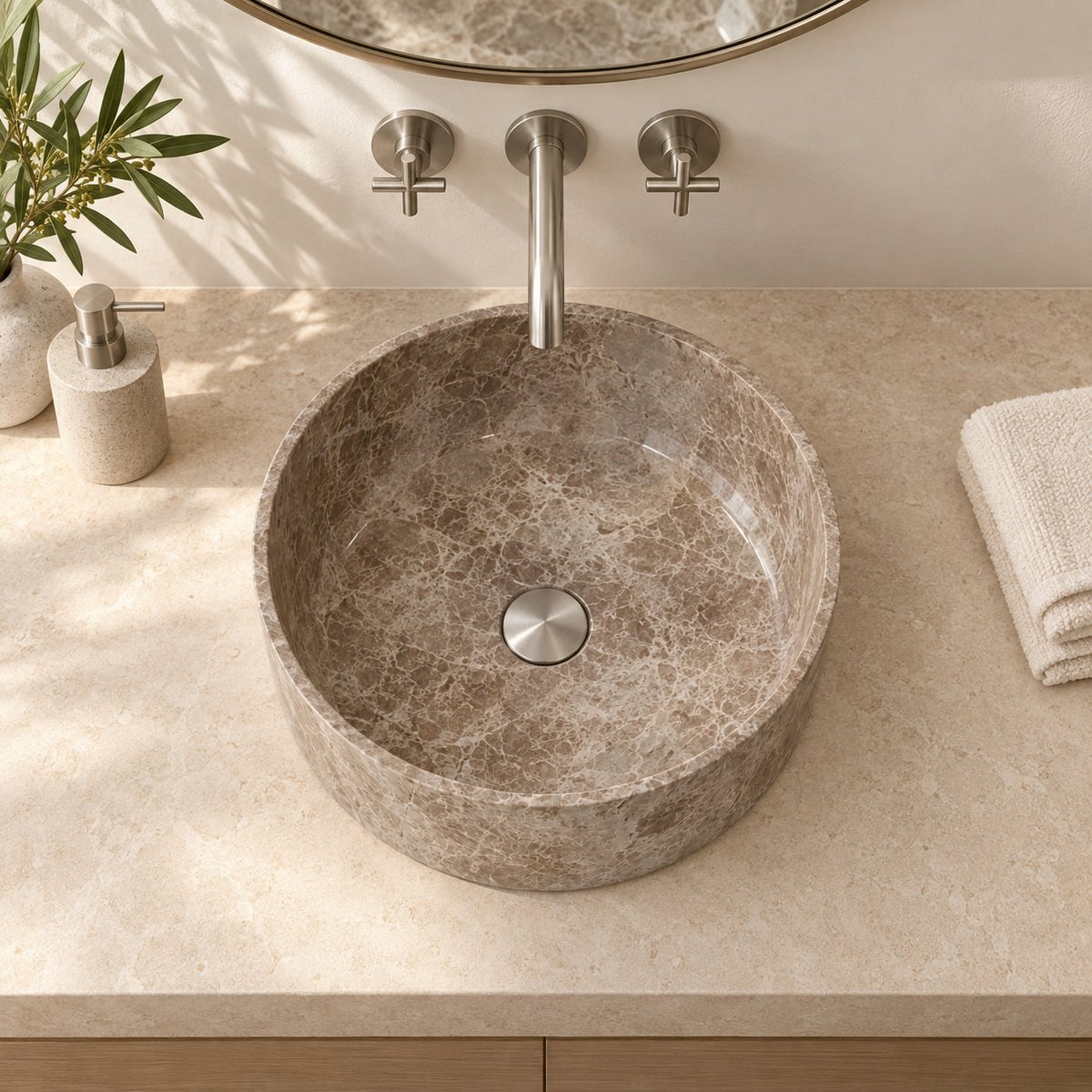 Sorana Dorata Marble Vessel Sink — overhead bathroom lifestyle