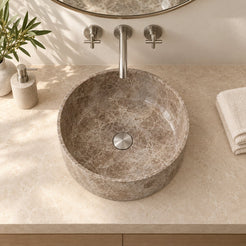 Sorana Dorata Marble Vessel Sink — overhead bathroom lifestyle