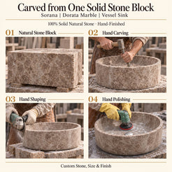 Sorana Dorata Marble Vessel Sink carved from one solid stone block, showing manual hammer-and-chisel carving, hand shaping and hand polishing; custom stone, size and finish.