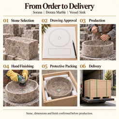 Sorana Dorata Marble Vessel Sink from order to delivery: material selection, drawing approval, production, hand finishing, protective foam packing in a plywood crate and delivery; specifications confirmed before production.