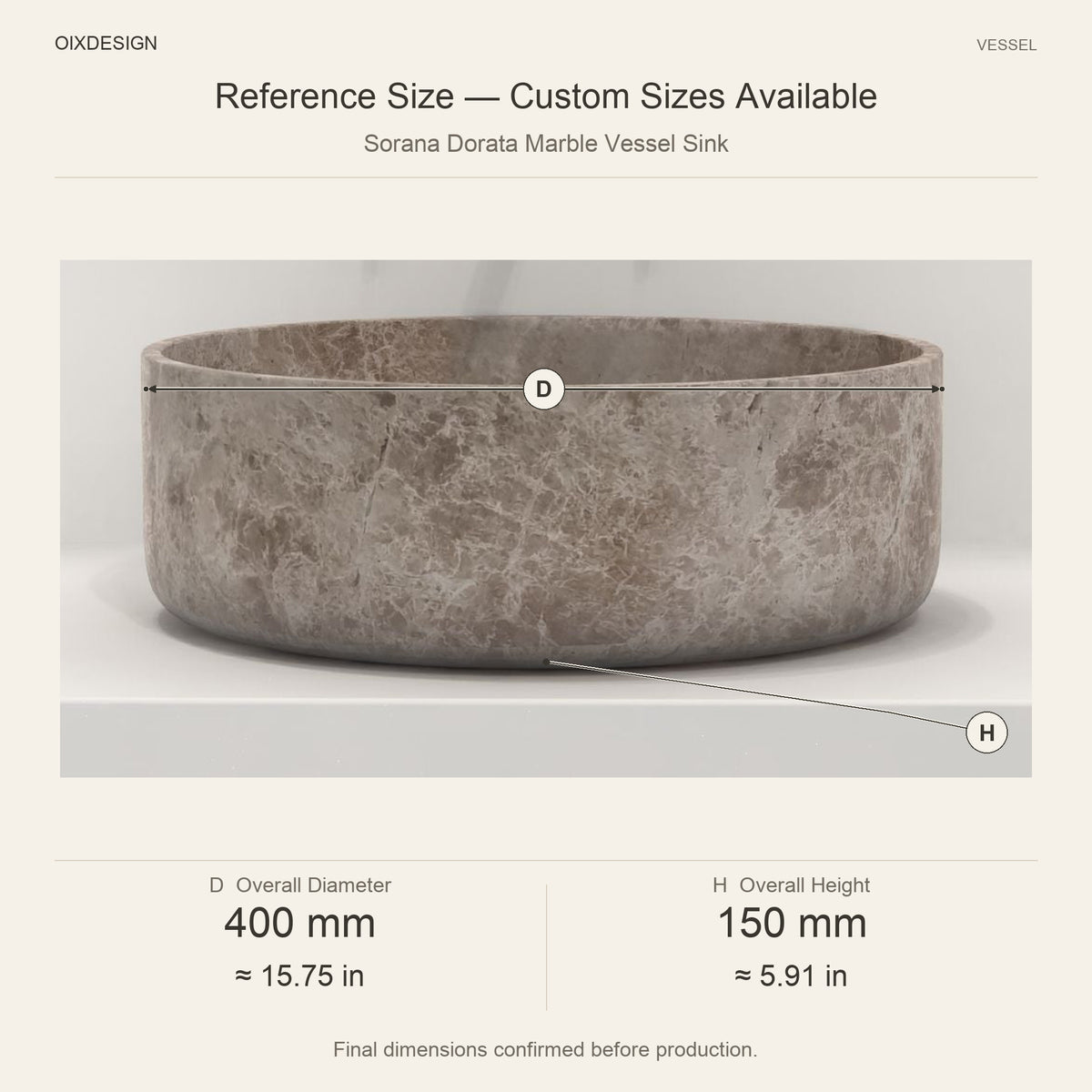 Sorana Dorata Marble Vessel Sink reference overall dimensions in millimeters and inches