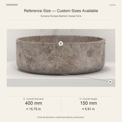 Sorana Dorata Marble Vessel Sink reference overall dimensions in millimeters and inches