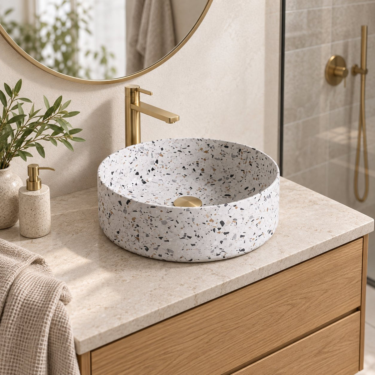 Sorana Sky Terrazzo Vessel Sink — three-quarter bathroom lifestyle