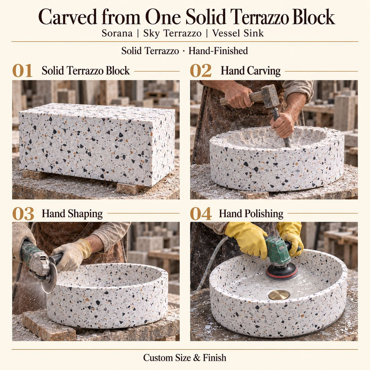 Sorana Sky Terrazzo Vessel Sink carved from one solid terrazzo block, with hand carving, hand shaping and hand polishing; custom size and finish.