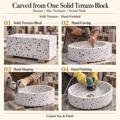 Sorana Sky Terrazzo Vessel Sink carved from one solid terrazzo block, with hand carving, hand shaping and hand polishing; custom size and finish.