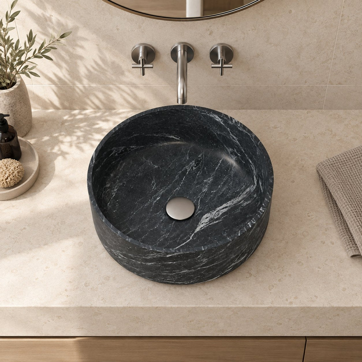 Sorana Verderio Marble Vessel Sink — overhead bathroom lifestyle