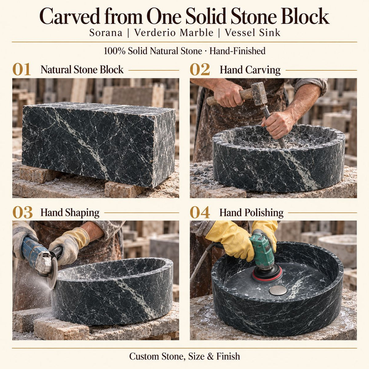 Sorana Verderio Marble Vessel Sink carved from one solid stone block, showing manual hammer-and-chisel carving, hand shaping and hand polishing; custom stone, size and finish.