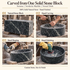 Sorana Verderio Marble Vessel Sink carved from one solid stone block, showing manual hammer-and-chisel carving, hand shaping and hand polishing; custom stone, size and finish.