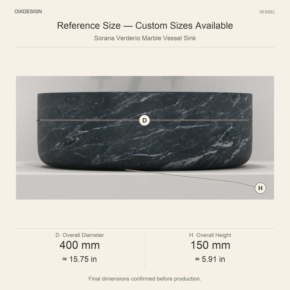 Sorana Verderio Marble Vessel Sink reference overall dimensions in millimeters and inches