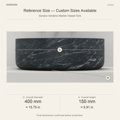 Sorana Verderio Marble Vessel Sink reference overall dimensions in millimeters and inches