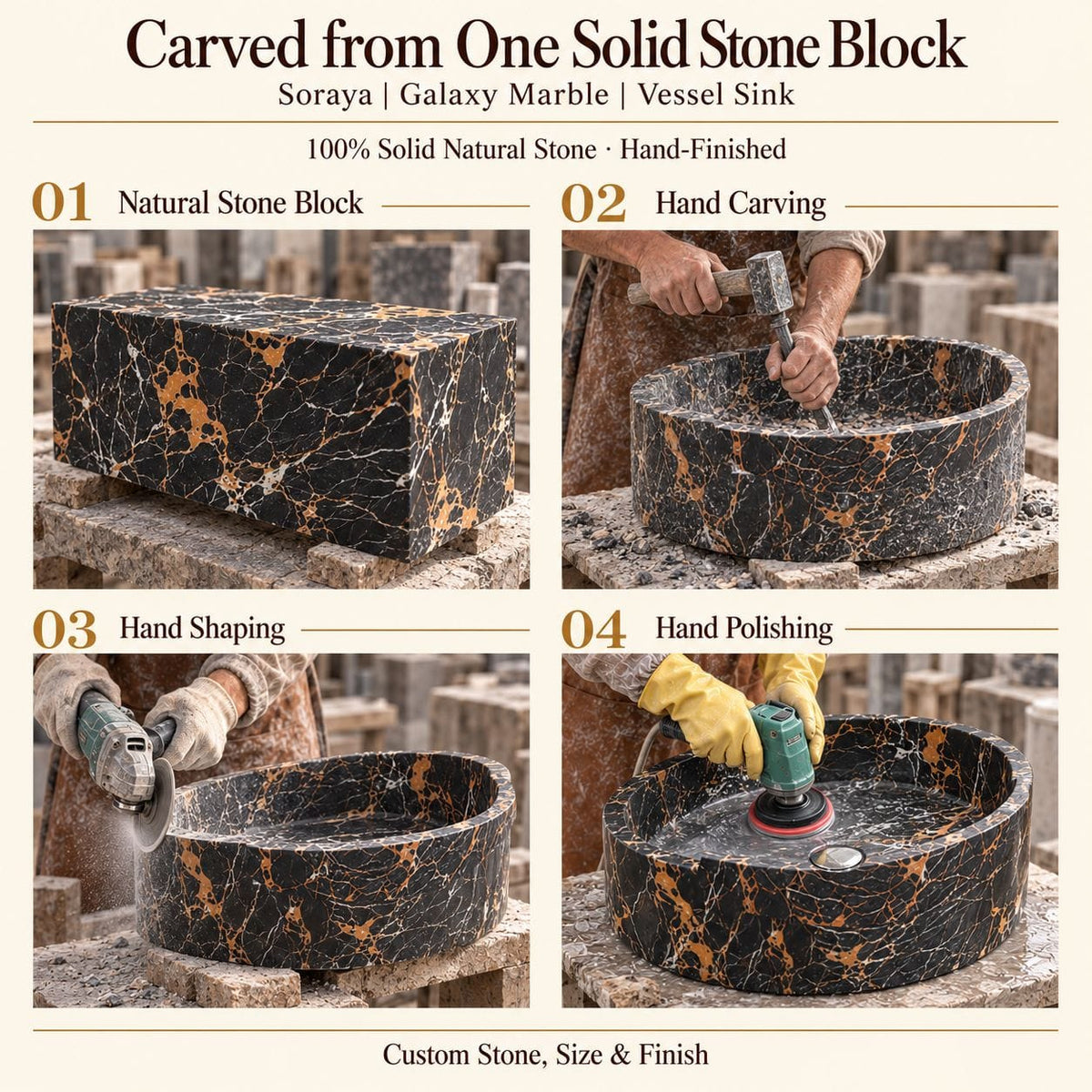Soraya Galaxy Marble Vessel Sink carved from one solid stone block, showing manual hammer-and-chisel carving, hand shaping and hand polishing; custom stone, size and finish.