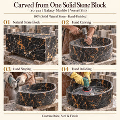 Soraya Galaxy Marble Vessel Sink carved from one solid stone block, showing manual hammer-and-chisel carving, hand shaping and hand polishing; custom stone, size and finish.