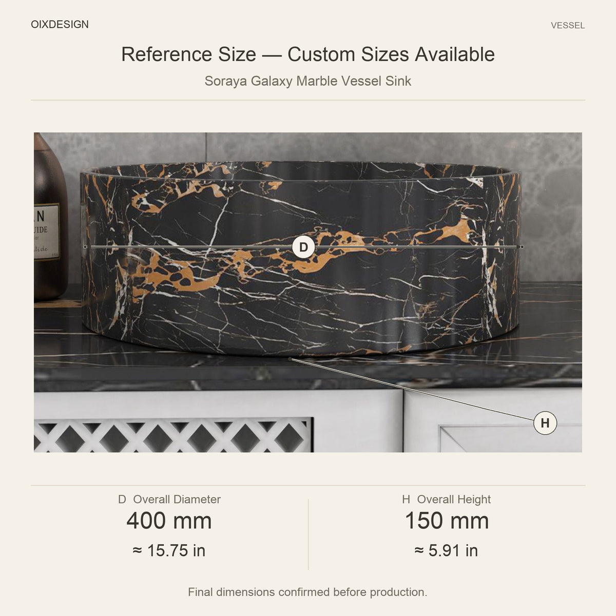 Soraya Galaxy Marble Vessel Sink reference overall dimensions in millimeters and inches