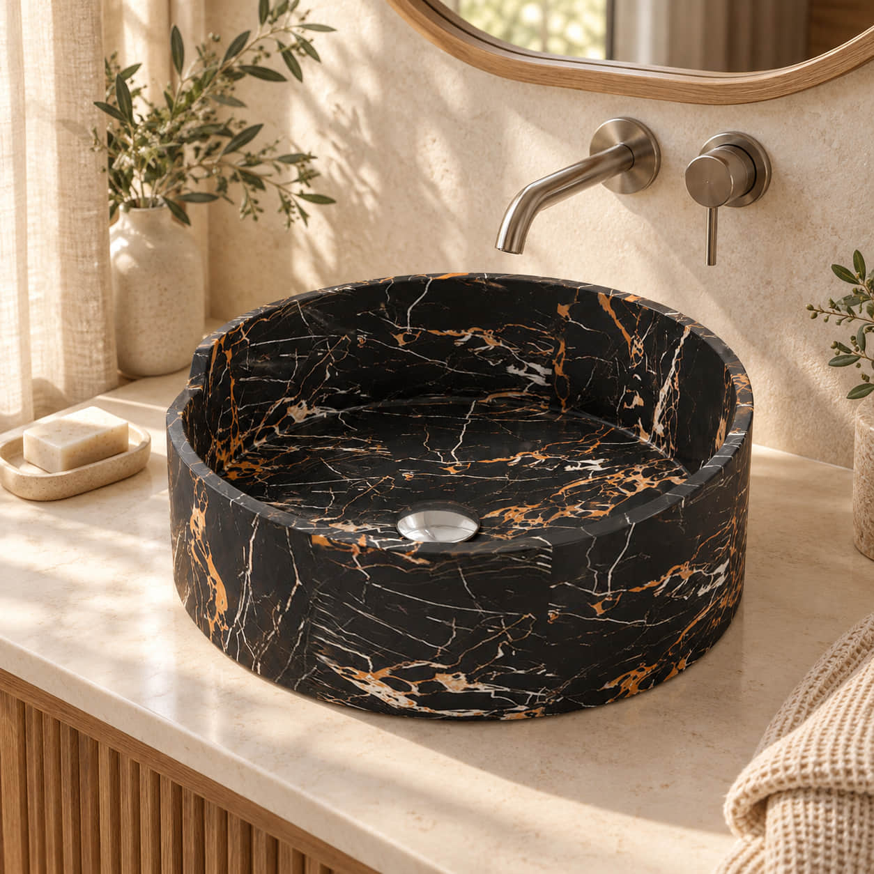 Soraya Galaxy Marble sculptural round vessel sink in a warm ivory and oak bathroom, with a high rear rim, lower stepped front rim and copper-gold veining.