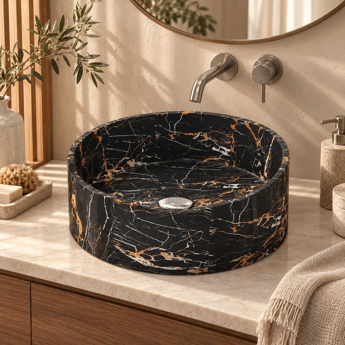 Soraya Galaxy Marble vessel sink in a warm walnut and beige bathroom, showing the lower stepped front rim, high rear wall and silver drain cover.