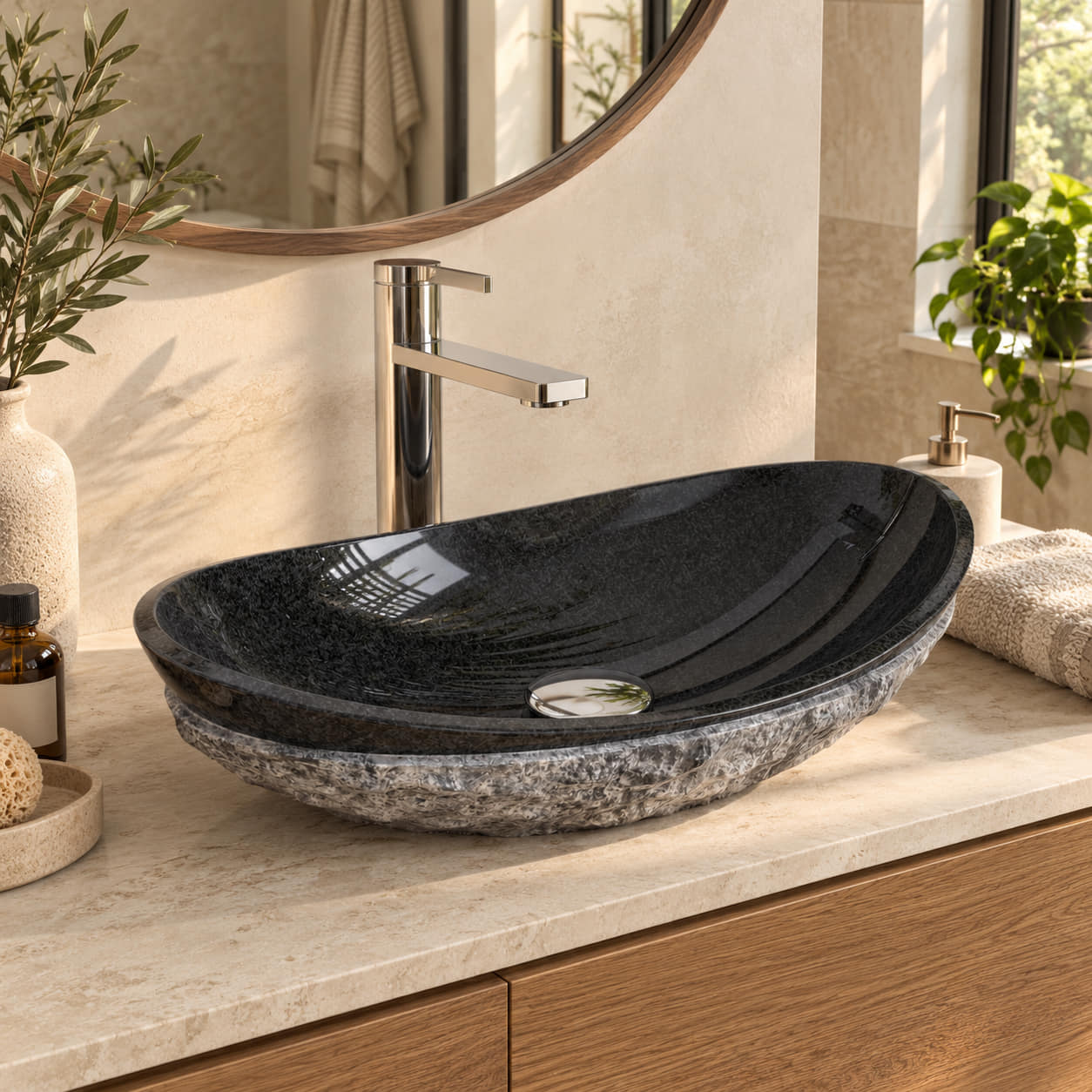 Soraya Oval Neroco Stone vessel sink in a warm oak and beige bathroom, with a polished black interior, textured gray exterior and silver drain cover.