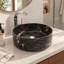 Sorcha Galaxy Marble Vessel Sink — three-quarter bathroom lifestyle