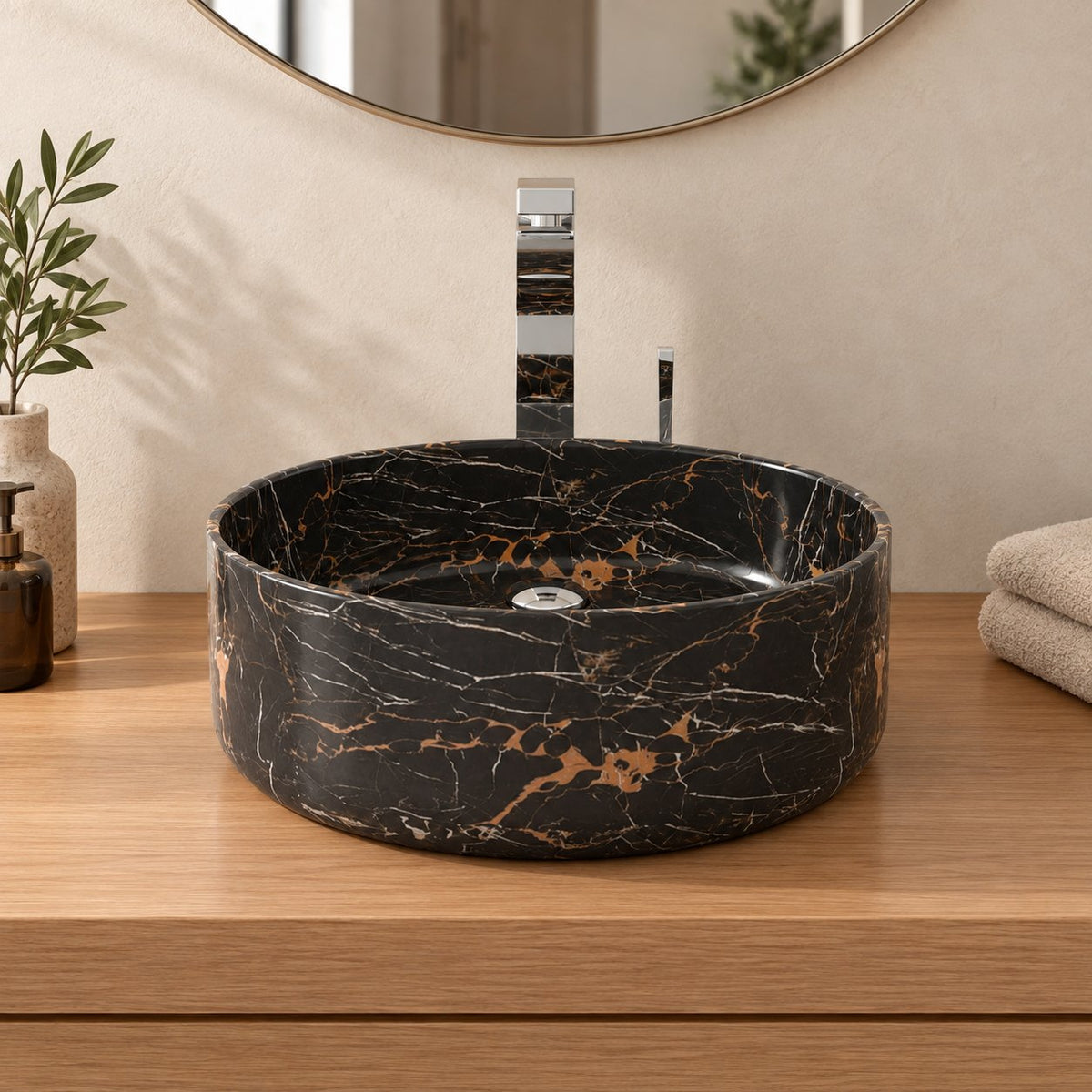 Sorcha Galaxy Marble Vessel Sink — low frontal bathroom lifestyle