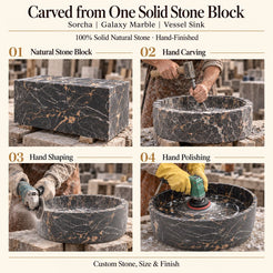Sorcha Galaxy Marble Vessel Sink carved from one solid stone block, showing manual hammer-and-chisel carving, hand shaping and hand polishing; custom stone, size and finish.