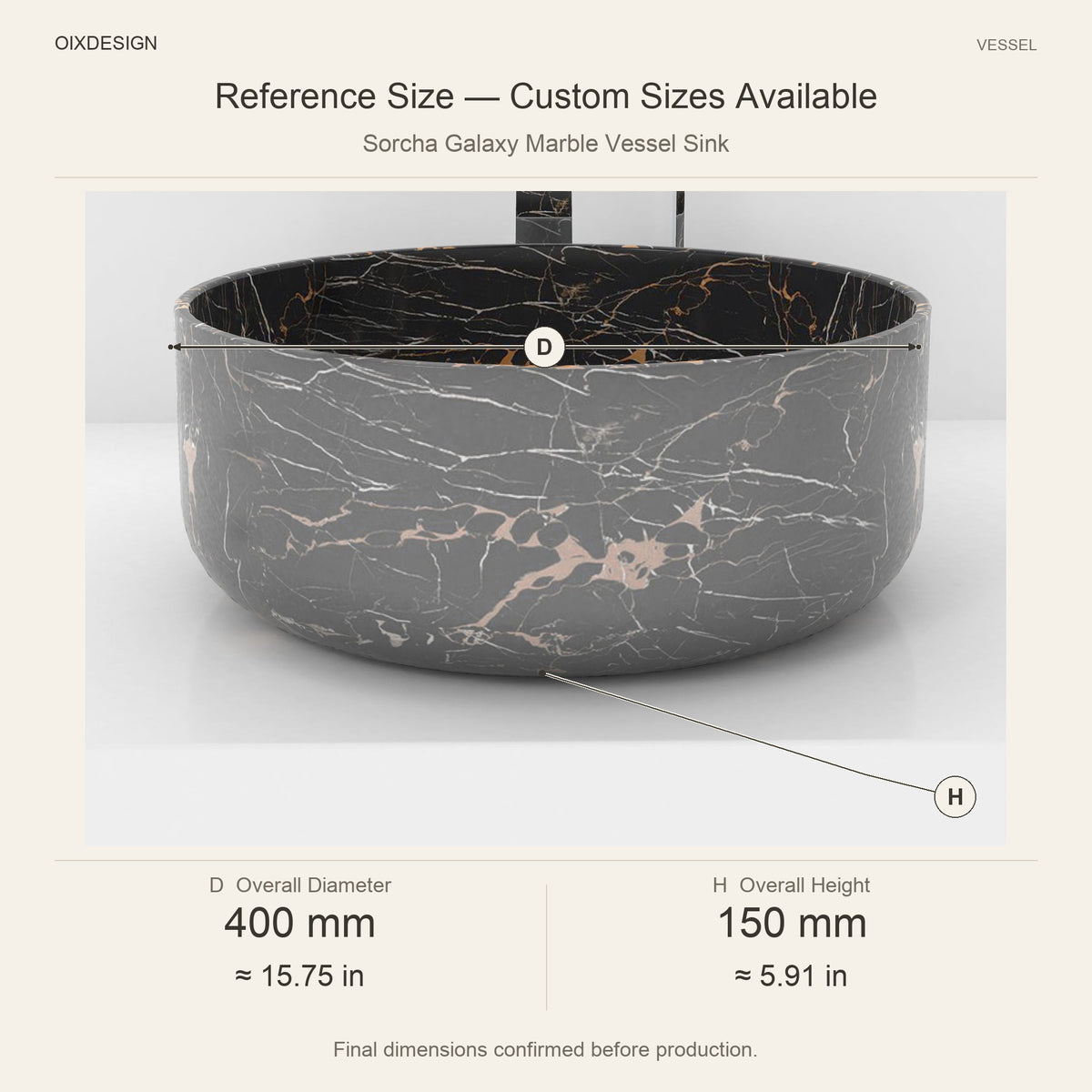 Sorcha Galaxy Marble Vessel Sink reference overall dimensions in millimeters and inches