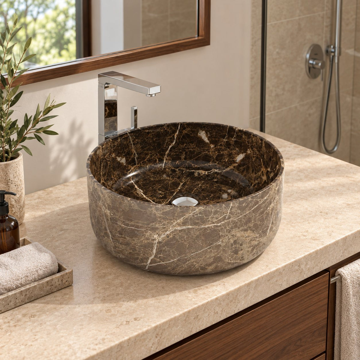 Sorcha Marocca Marble Vessel Sink — three-quarter bathroom lifestyle