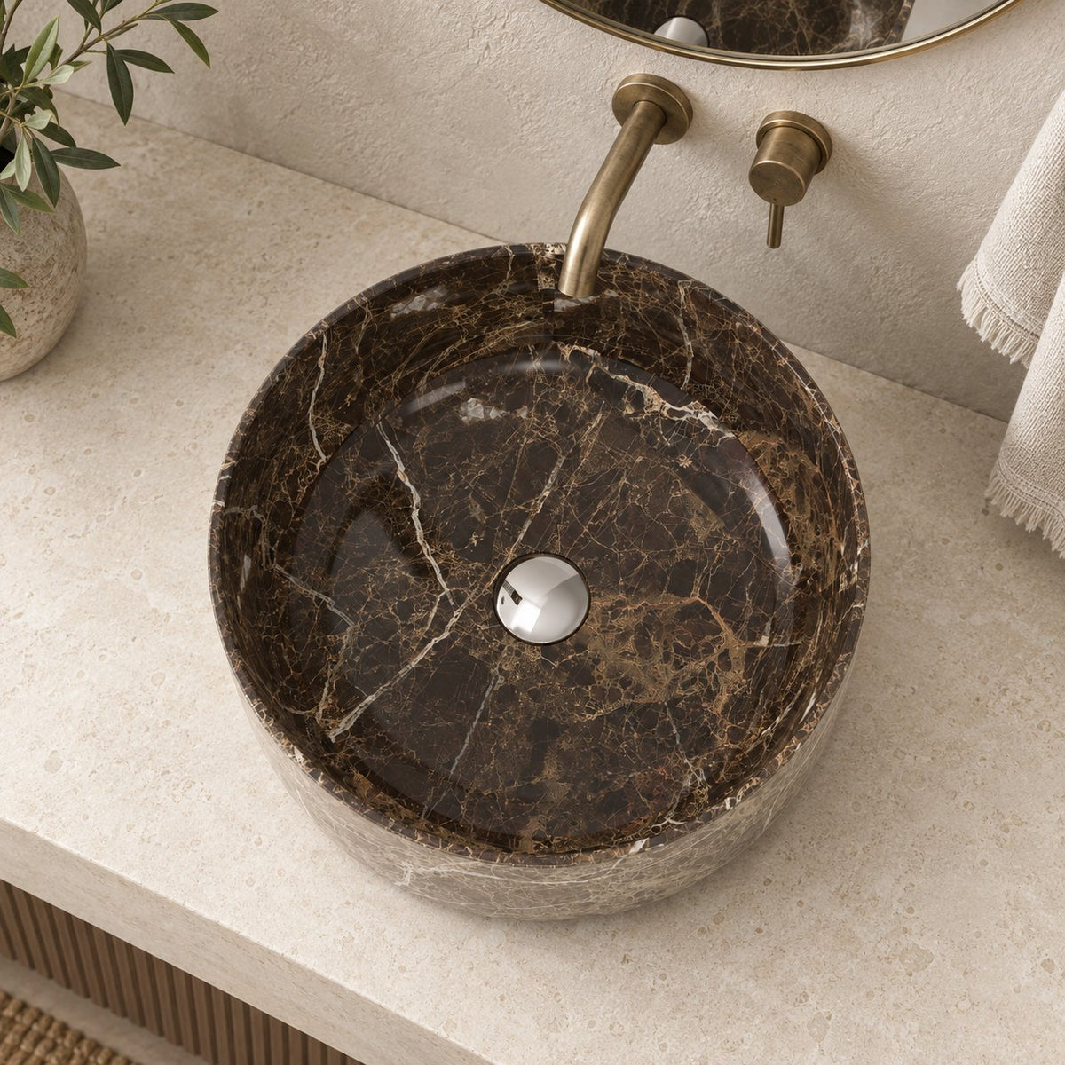 Sorcha Marocca Marble Vessel Sink — overhead bathroom lifestyle