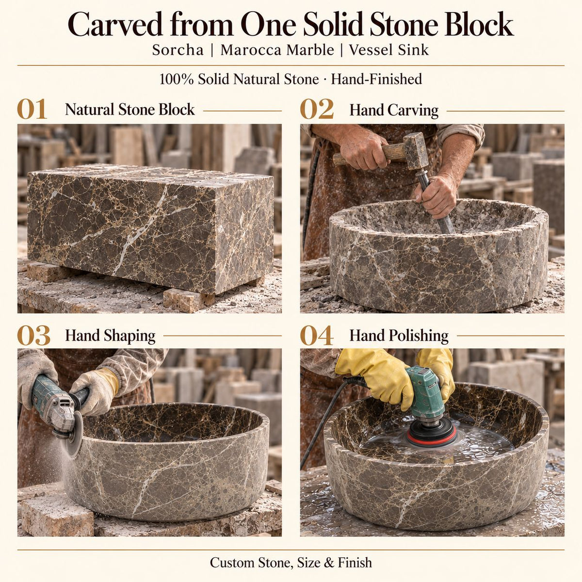 Sorcha Marocca Marble Vessel Sink carved from one solid stone block, showing manual hammer-and-chisel carving, hand shaping and hand polishing; custom stone, size and finish.