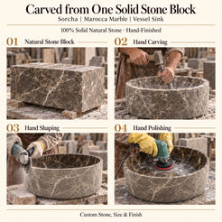 Sorcha Marocca Marble Vessel Sink carved from one solid stone block, showing manual hammer-and-chisel carving, hand shaping and hand polishing; custom stone, size and finish.