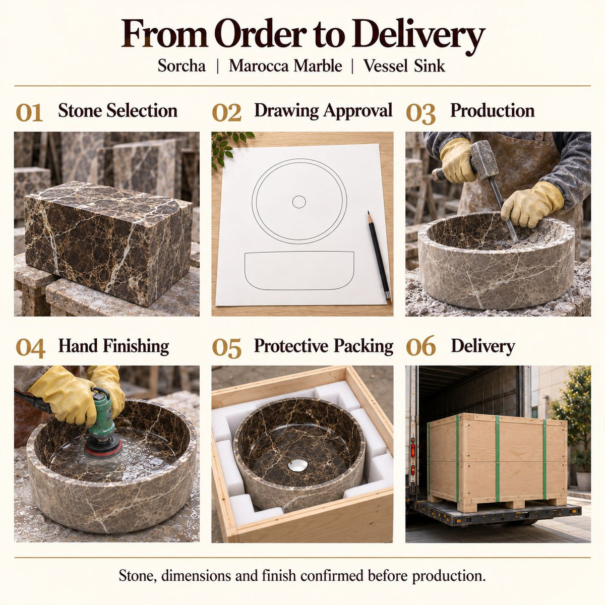 Sorcha Marocca Marble Vessel Sink from order to delivery: material selection, drawing approval, production, hand finishing, protective foam packing in a plywood crate and delivery; specifications confirmed before production.