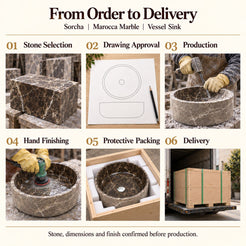 Sorcha Marocca Marble Vessel Sink from order to delivery: material selection, drawing approval, production, hand finishing, protective foam packing in a plywood crate and delivery; specifications confirmed before production.
