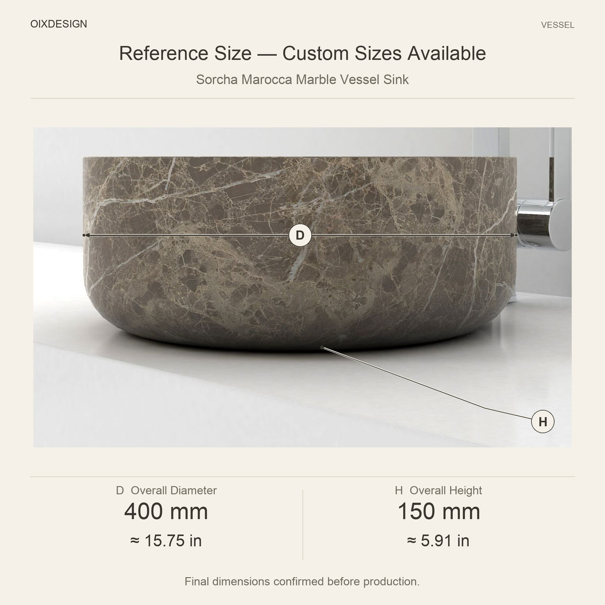 Sorcha Marocca Marble Vessel Sink reference overall dimensions in millimeters and inches