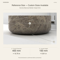 Sorcha Marocca Marble Vessel Sink reference overall dimensions in millimeters and inches