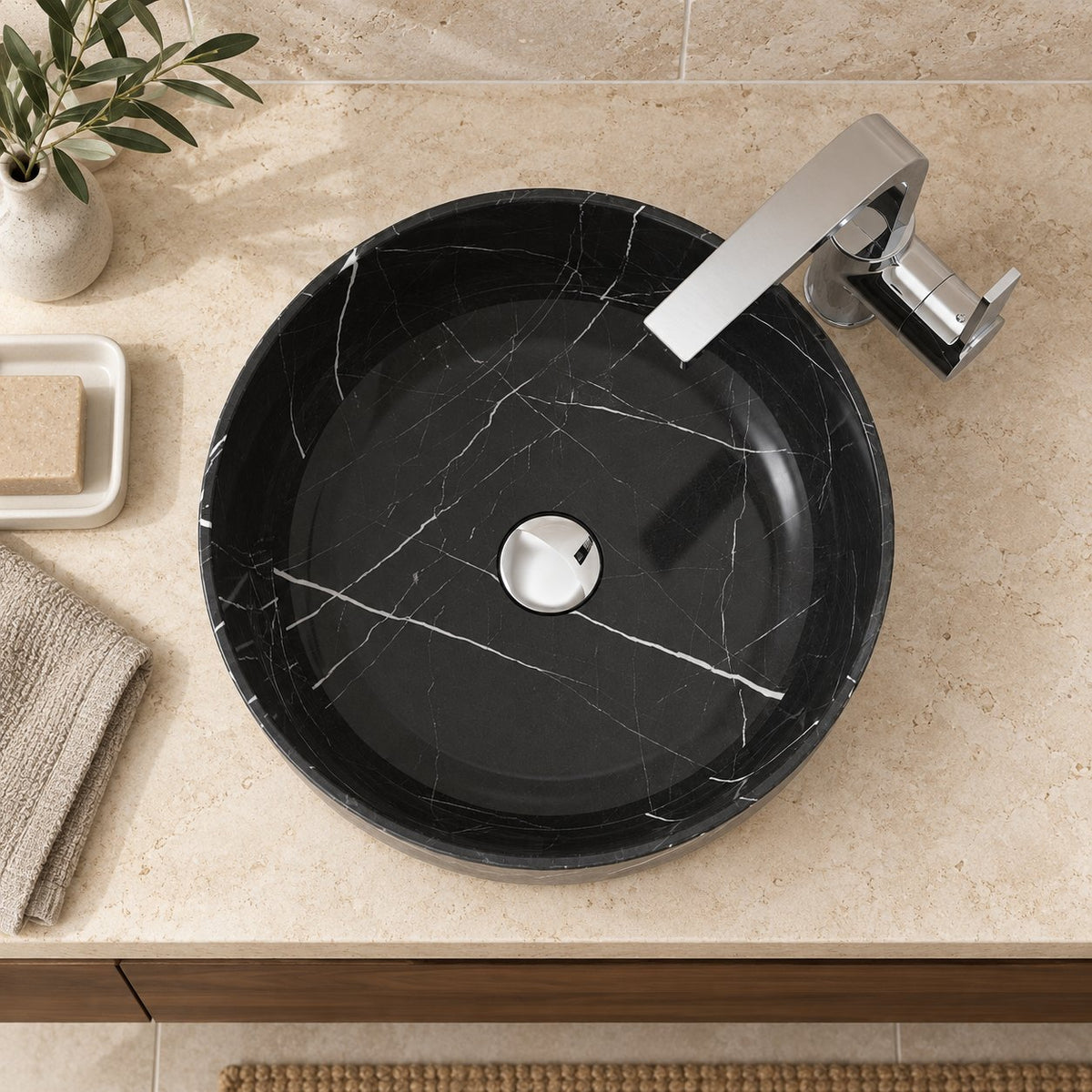 Sorcha Portoro Marble Vessel Sink — overhead bathroom lifestyle