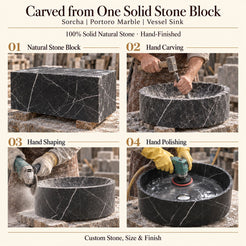 Sorcha Portoro Marble Vessel Sink carved from one solid stone block, showing manual hammer-and-chisel carving, hand shaping and hand polishing; custom stone, size and finish.