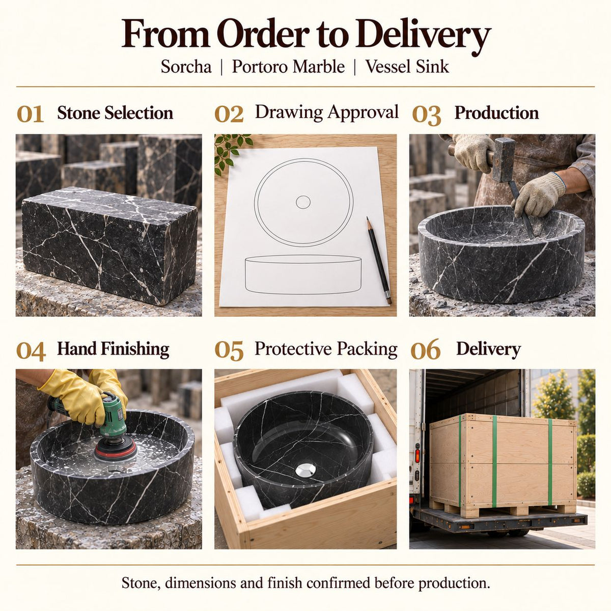 Sorcha Portoro Marble Vessel Sink from order to delivery: material selection, drawing approval, production, hand finishing, protective foam packing in a plywood crate and delivery; specifications confirmed before production.