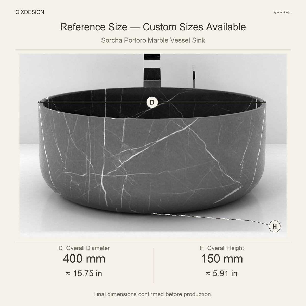 Sorcha Portoro Marble Vessel Sink reference overall dimensions in millimeters and inches