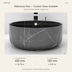 Sorcha Portoro Marble Vessel Sink reference overall dimensions in millimeters and inches