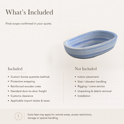 Soreia Asymmetric Oval Freestanding Soaking Bathtub – Azura Blue Quartzite — What’s Included in the Reference Price.