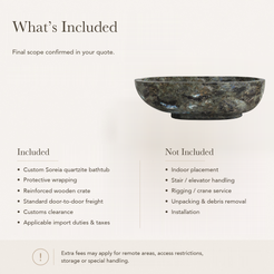 Soreia Asymmetric Oval Freestanding Soaking Bathtub – Celestia Blue Quartzite — What’s Included in the Reference Price.