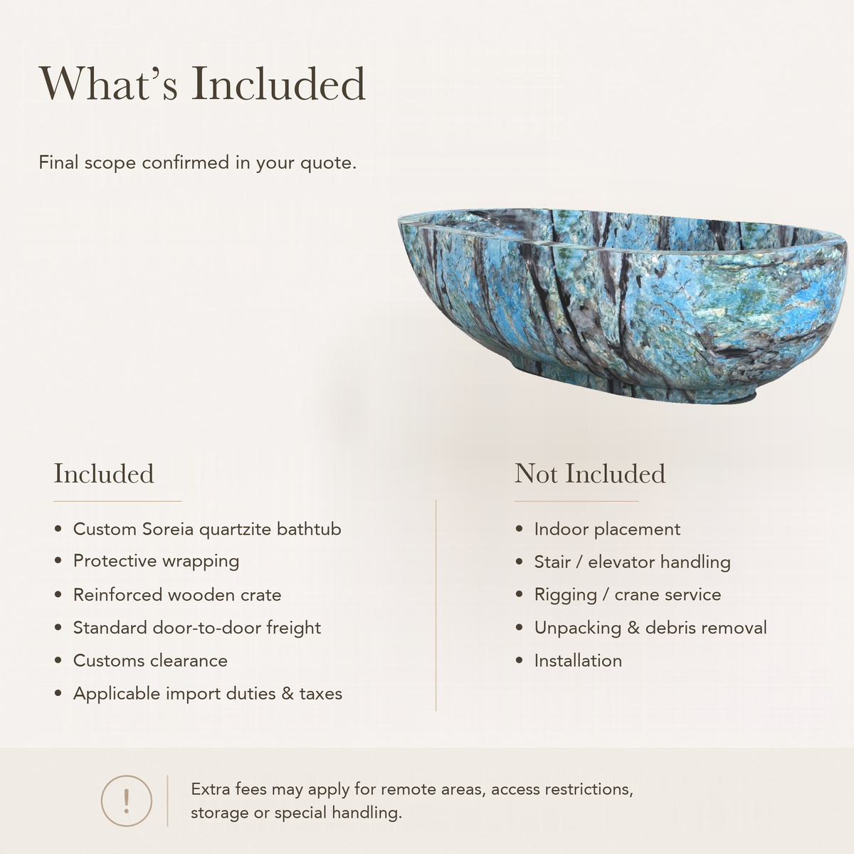 Soreia Asymmetric Oval Freestanding Soaking Bathtub – Danube Blue Quartzite — What’s Included in the Reference Price.