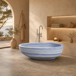 Soreia Azura Blue Quartzite freestanding soaking bathtub, styled hero bathroom visualization