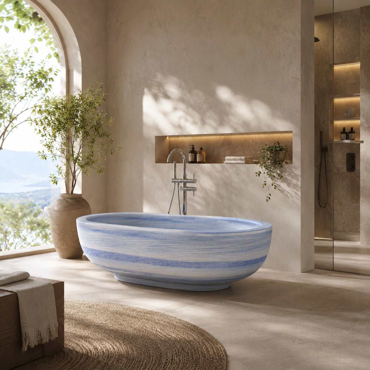Soreia Azura Blue Quartzite freestanding soaking bathtub, styled lifestyle bathroom visualization
