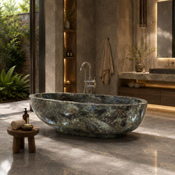 Soreia Celestia Blue Quartzite freestanding soaking bathtub, styled hero bathroom visualization