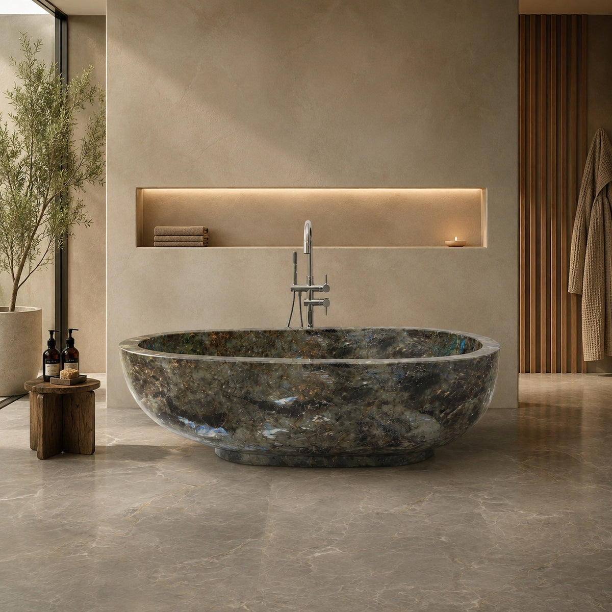 Soreia Celestia Blue Quartzite freestanding soaking bathtub, styled lifestyle bathroom visualization