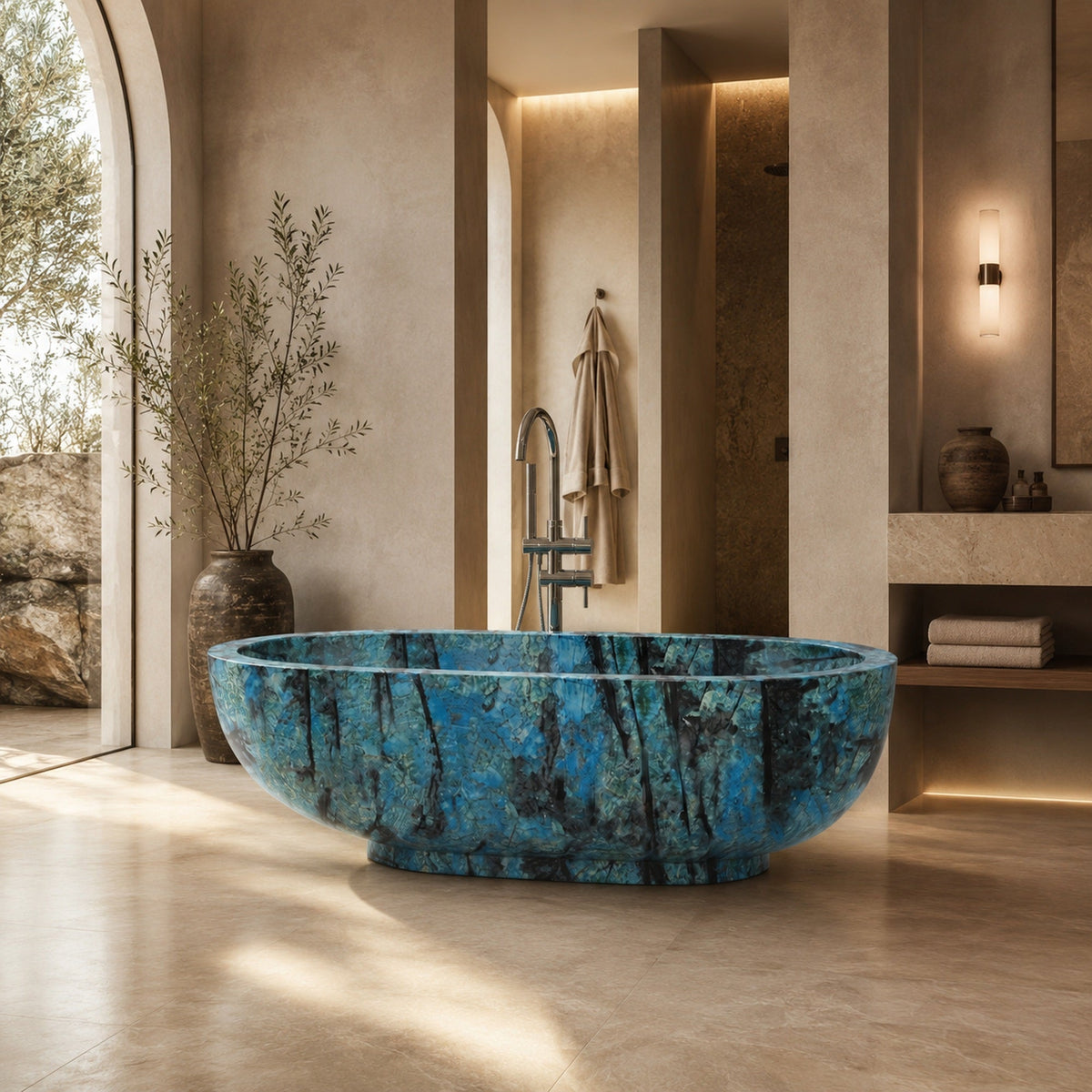 Soreia Danube Blue Quartzite freestanding soaking bathtub, styled hero bathroom visualization