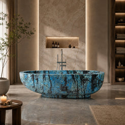 Soreia Danube Blue Quartzite freestanding soaking bathtub, styled lifestyle bathroom visualization