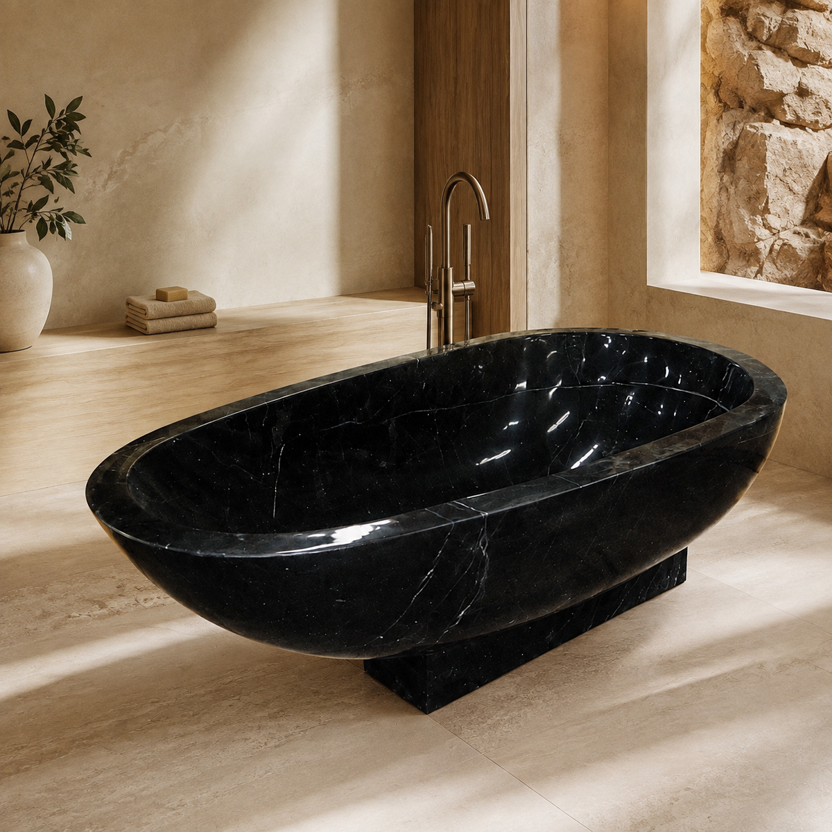 Soreia Asymmetric Oval Freestanding Soaking Bathtub – Portoro Black Marble in a warm ivory-limestone luxury bathroom; exact product geometry and material preserved