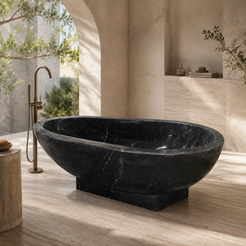Soreia Asymmetric Oval Freestanding Soaking Bathtub – Portoro Black Marble in a bright serene courtyard spa bathroom; exact product geometry and material preserved