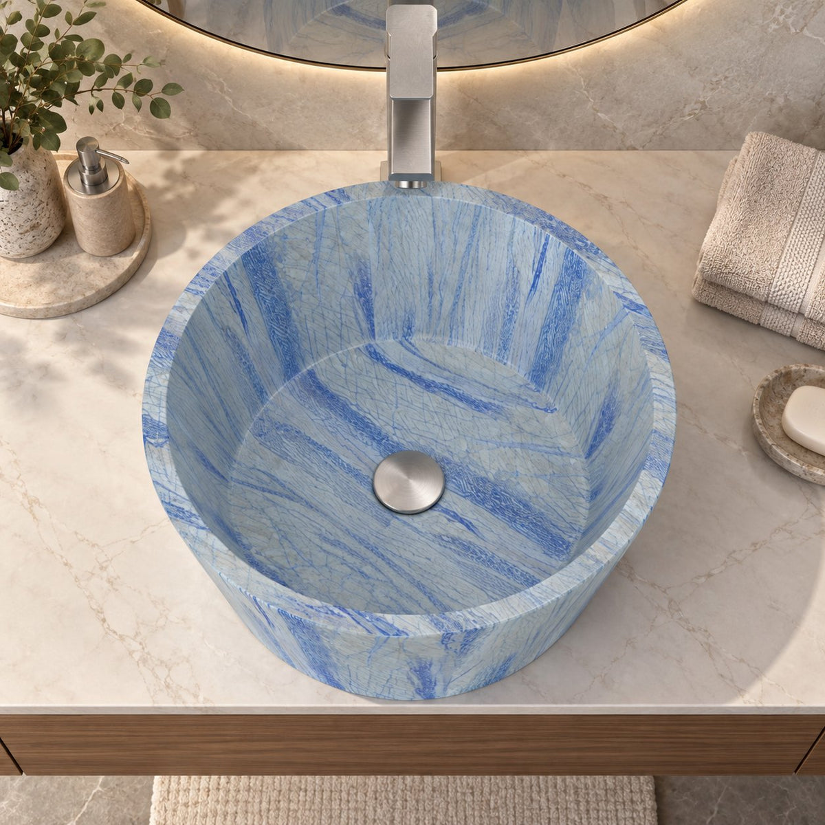 Souri Azura Blue Quartzite Vessel Sink — overhead bathroom lifestyle