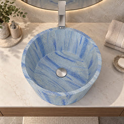 Souri Azura Blue Quartzite Vessel Sink — overhead bathroom lifestyle